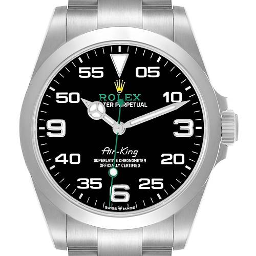 The Rolex Air-King 126900 Men's Stainless Steel Black Dial watch is shown from a front view displaying the face, bezel, and crown.