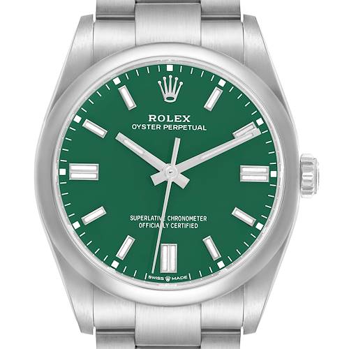 The Rolex Oyster Perpetual 126000 Men's Stainless Steel Green Dial watch is shown from a front angle, highlighting its green dial, bezel, crown, and part of the bracelet.