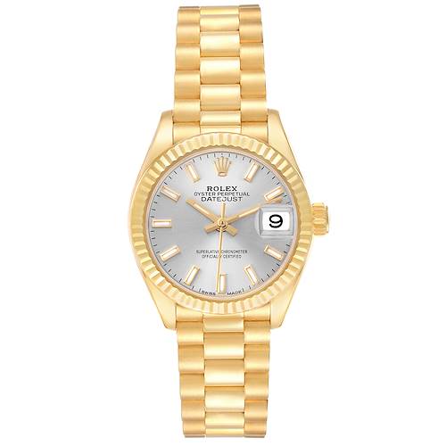 The Rolex President 279178 Women's Yellow Gold Silver Dial model is shown from a top-down angle, displaying the watch face, bracelet, and fluted bezel.