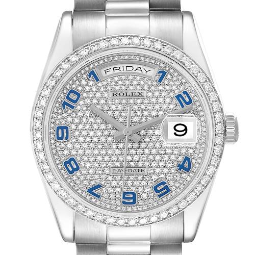 The Rolex President 118346 Men's Platinum Silver Dial model shows a frontal view, highlighting its diamond-studded dial, day-date display, and bezel.