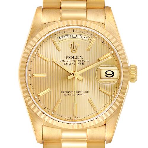 The Rolex President 18238 Men's Yellow Gold Champagne Dial model is shown front-facing, highlighting the dial, day and date features, and part of the bracelet.
