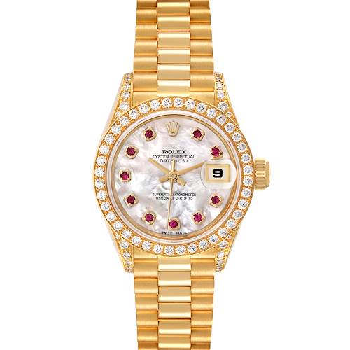 This Rolex President 69158 Women's Yellow Gold Mother of Pearl Dial 69158 Women's Yellow Gold Mother of Pearl Dial model watch is shown from the front, displaying its face, bezel, and bracelet.