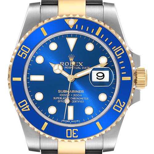 The image shows a front view of a Rolex Submariner 116613 Men's Steel and Gold (two tone) Blue Dial 116613 Men's Steel and Gold (two tone) Blue Dial watch, highlighting its blue dial, gold accents, and date display at 3 o'clock.