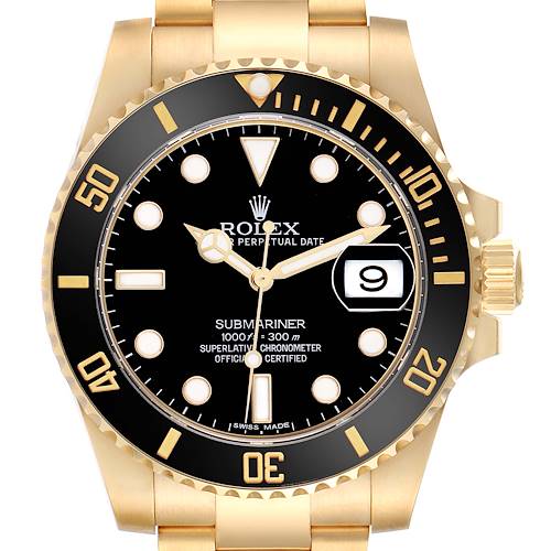 The image shows a front view of the Rolex Submariner 116618 Men's Yellow Gold Black Dial, highlighting the dial, bezel, crown, and date window.
