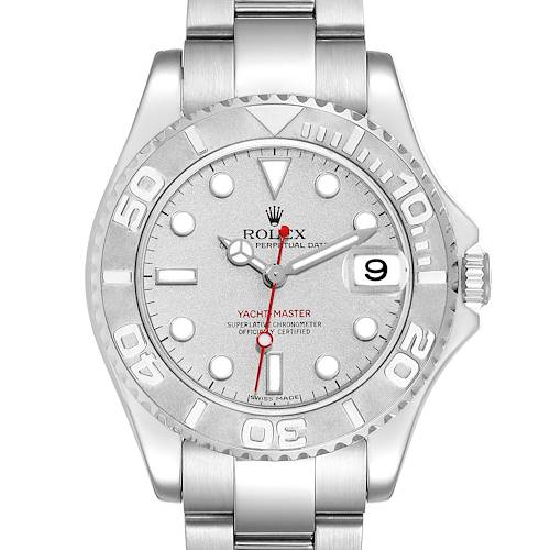 This Rolex Yacht-Master 168622 Men's Stainless Steel Silver Dial 168622 Men's Stainless Steel Silver Dial watch is shown from the front, displaying its dial, bezel, hands, and part of the strap.
