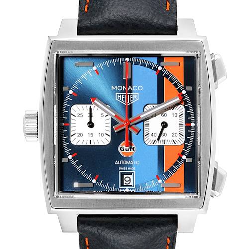 This image shows a front view of the Tag Heuer Monaco CAW211R.FC6401 Men's Stainless Steel Blue Dial CAW211R.FC6401 Men's Stainless Steel Blue Dial watch, highlighting its face, casing, and strap.