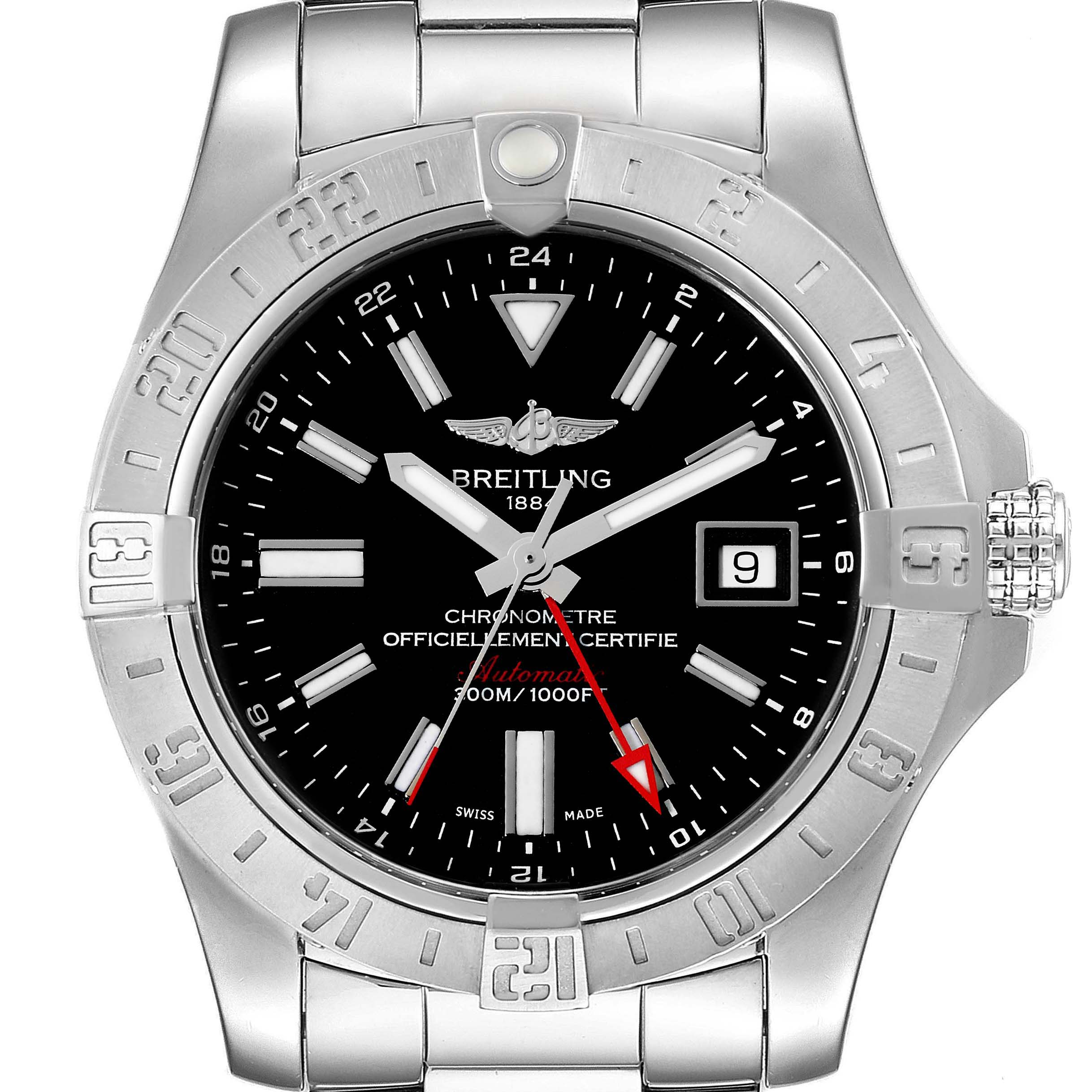 The image shows a front view of the Breitling Avenger A3239011-C872-170A Men's Stainless Steel Black Dial A3239011-C872-170A Men's Stainless Steel Black Dial watch, highlighting its dial, bezel, and bracelet.