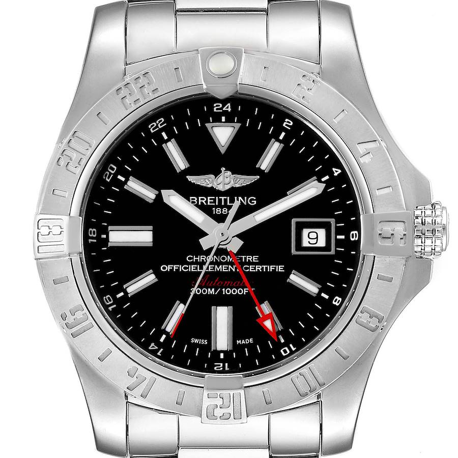 The image shows a front view of the Breitling Avenger A3239011-C872-170A Men's Stainless Steel Black Dial A3239011-C872-170A Men's Stainless Steel Black Dial watch, highlighting its dial, bezel, and bracelet.