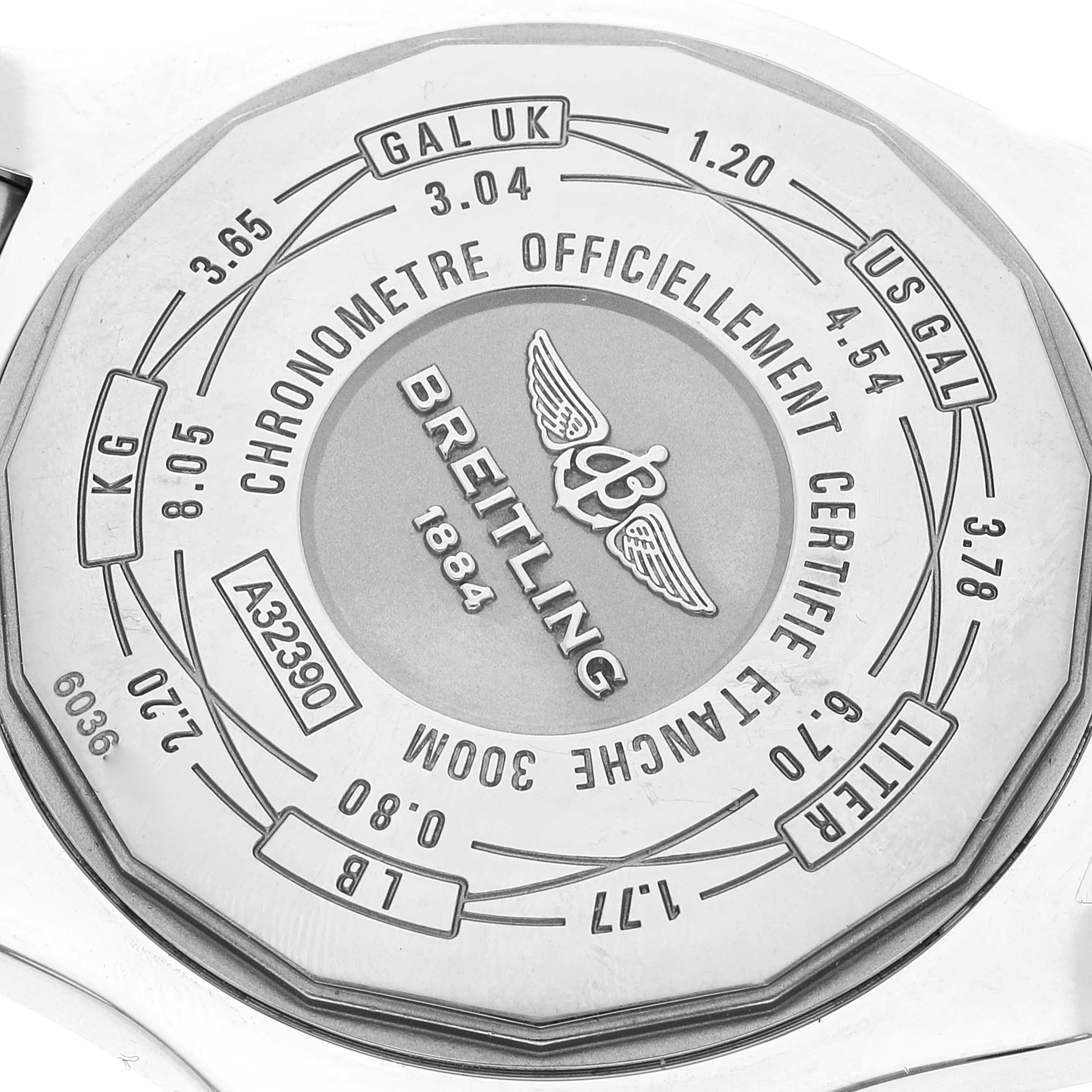 The image shows the back case of the Breitling Avenger A3239011-C872-170A Men's Stainless Steel Black Dial A3239011-C872-170A Men's Stainless Steel Black Dial watch, highlighting various unit conversions and certifications.