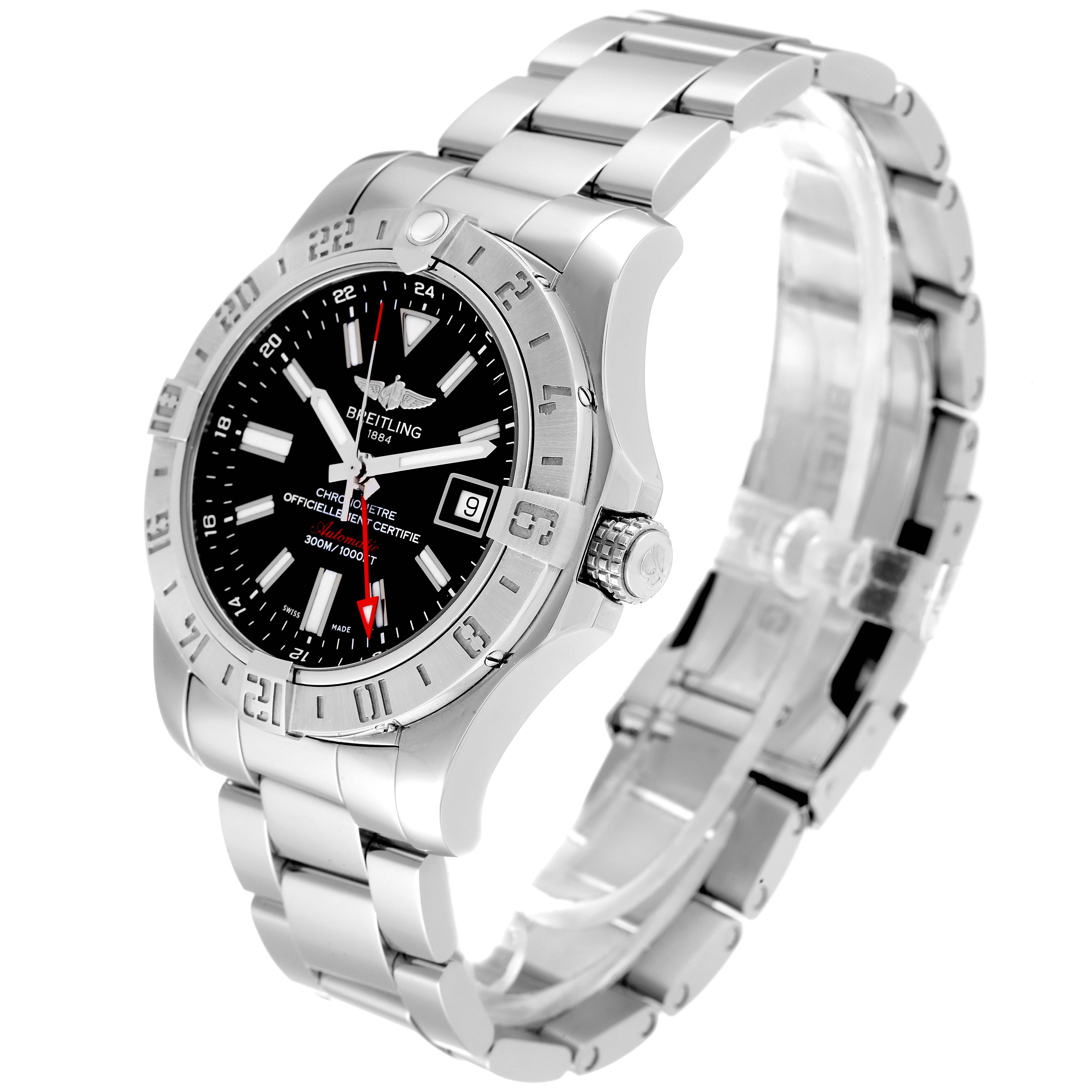 The Breitling Avenger A3239011-C872-170A Men's Stainless Steel Black Dial A3239011-C872-170A Men's Stainless Steel Black Dial watch is shown at a three-quarter angle, highlighting its face, bezel, crown, and stainless steel bracelet.