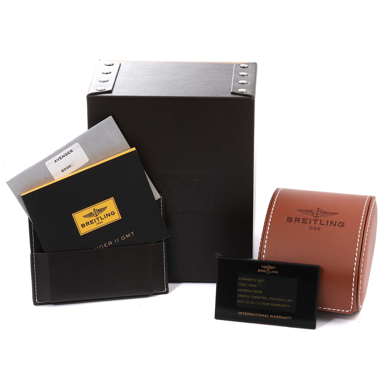 This image shows Breitling Avenger A3239011-C872-170A Men's Stainless Steel Black Dial A3239011-C872-170A Men's Stainless Steel Black Dial watch accessories including the box, leather case, manuals, and warranty card.