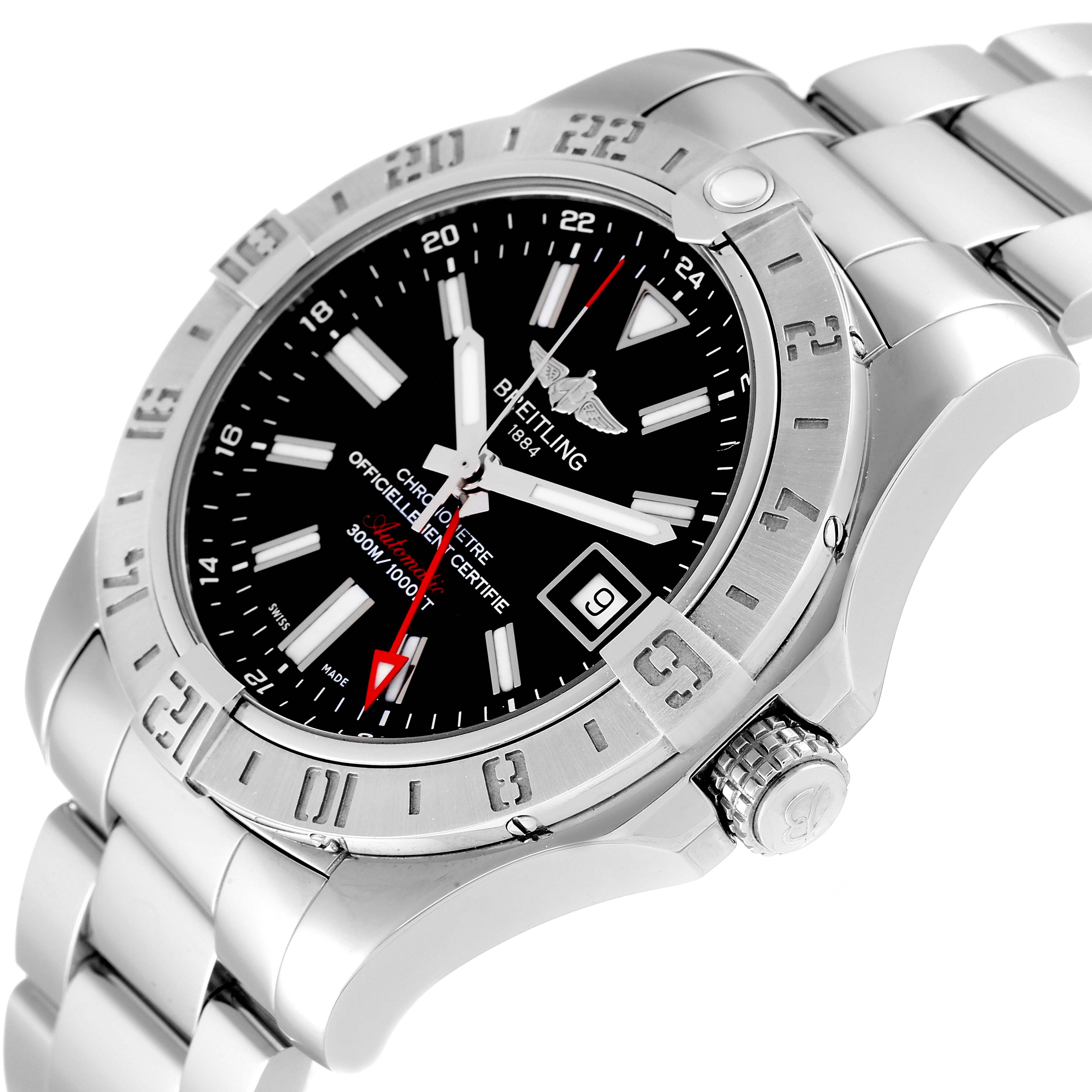 The image shows a Breitling Avenger A3239011-C872-170A Men's Stainless Steel Black Dial A3239011-C872-170A Men's Stainless Steel Black Dial watch at an angled view, highlighting the watch face, bezel, crown, and part of the bracelet.
