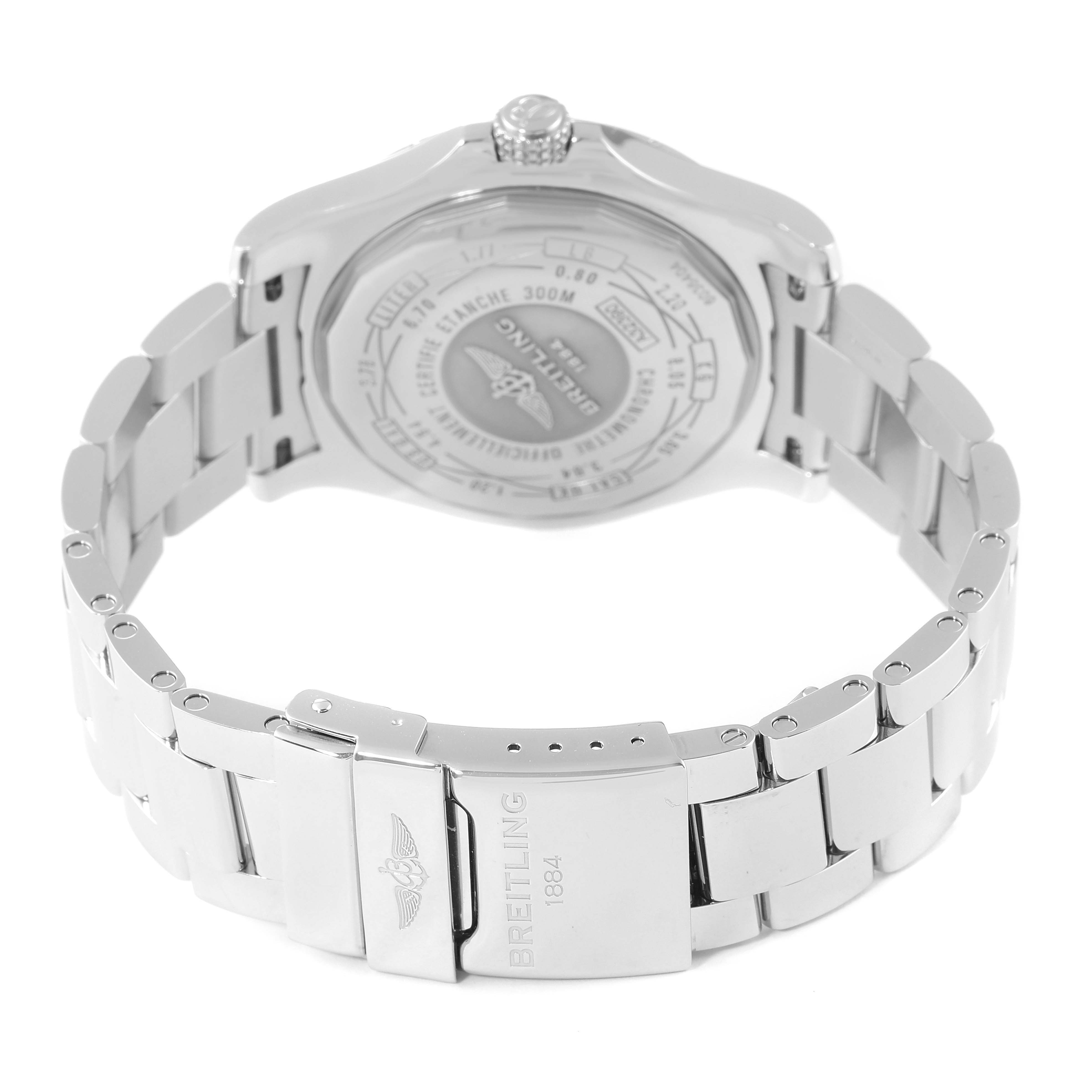 This image shows the back and clasp of a Breitling Avenger A3239011-C872-170A Men's Stainless Steel Black Dial A3239011-C872-170A Men's Stainless Steel Black Dial model watch from a rear angle.