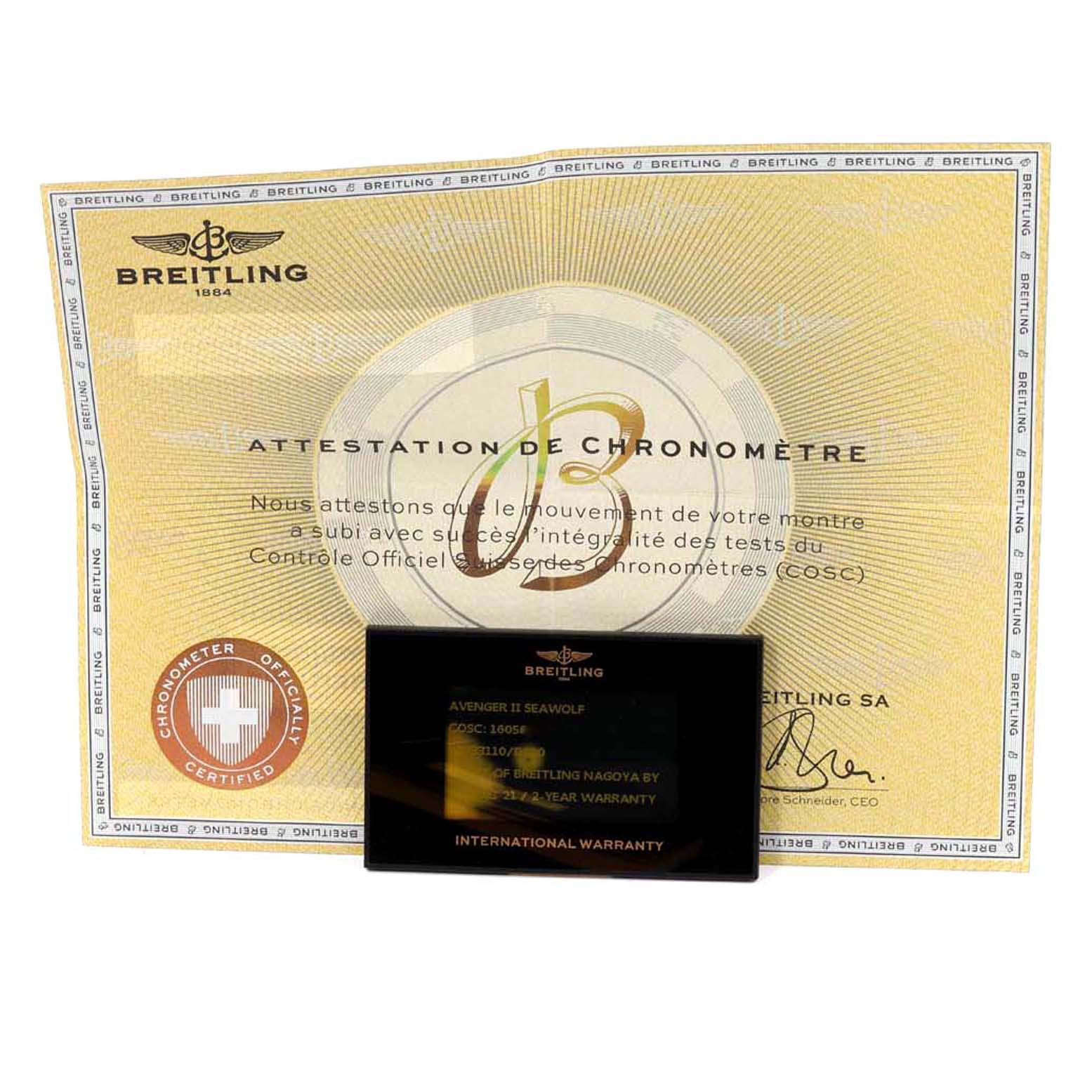 The image shows the Chronometer Certificate and International Warranty card for the Breitling Avenger A17331 Men's Stainless Steel Black Dial A17331 Men's Stainless Steel Black Dial model watch.