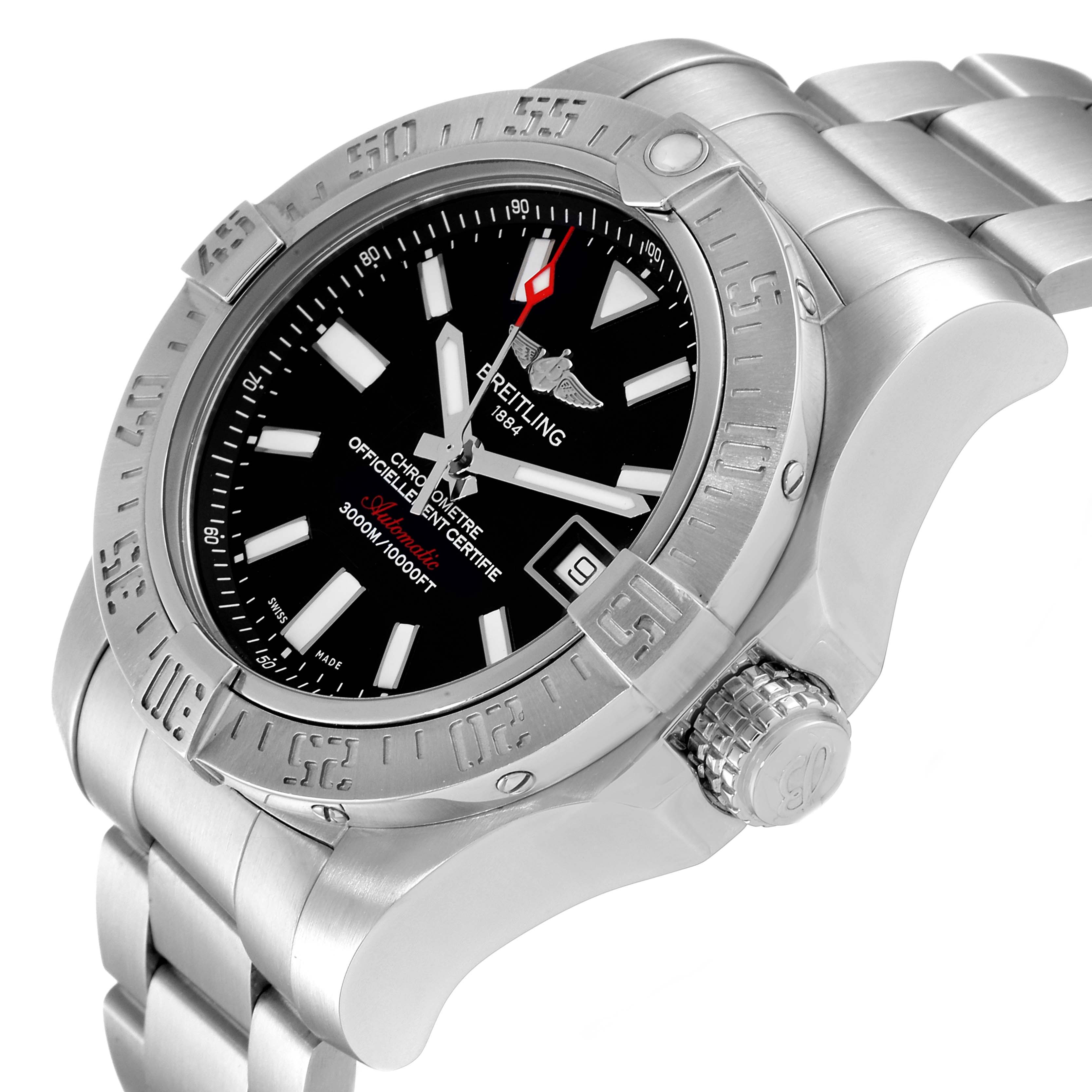 The Breitling Avenger A17331 Men's Stainless Steel Black Dial A17331 Men's Stainless Steel Black Dial watch is shown at an angled view, displaying its black dial, stainless steel bracelet, case, and crown.