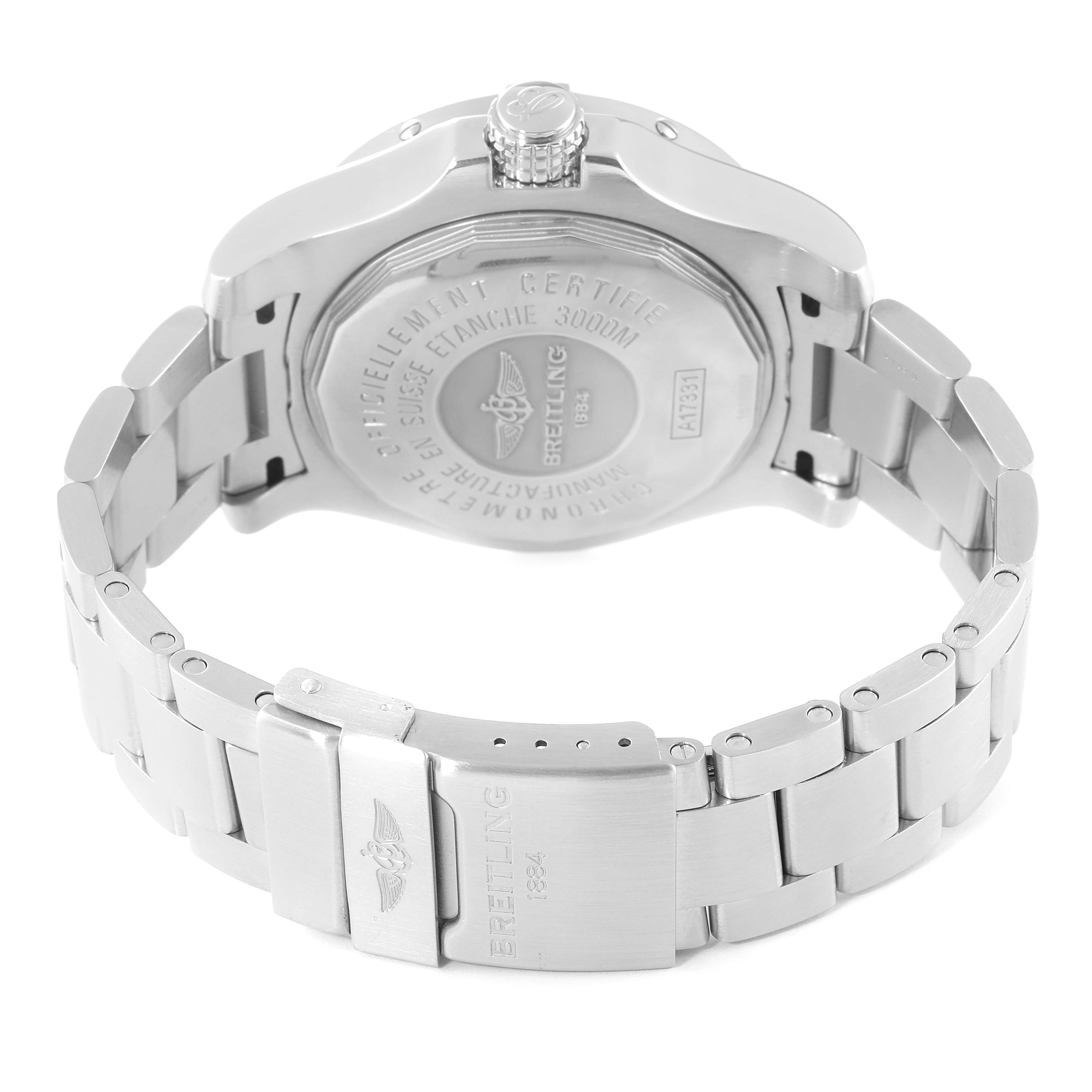 The image shows the back case and bracelet of the Breitling Avenger A17331 Men's Stainless Steel Black Dial A17331 Men's Stainless Steel Black Dial watch from a slightly elevated rear angle.