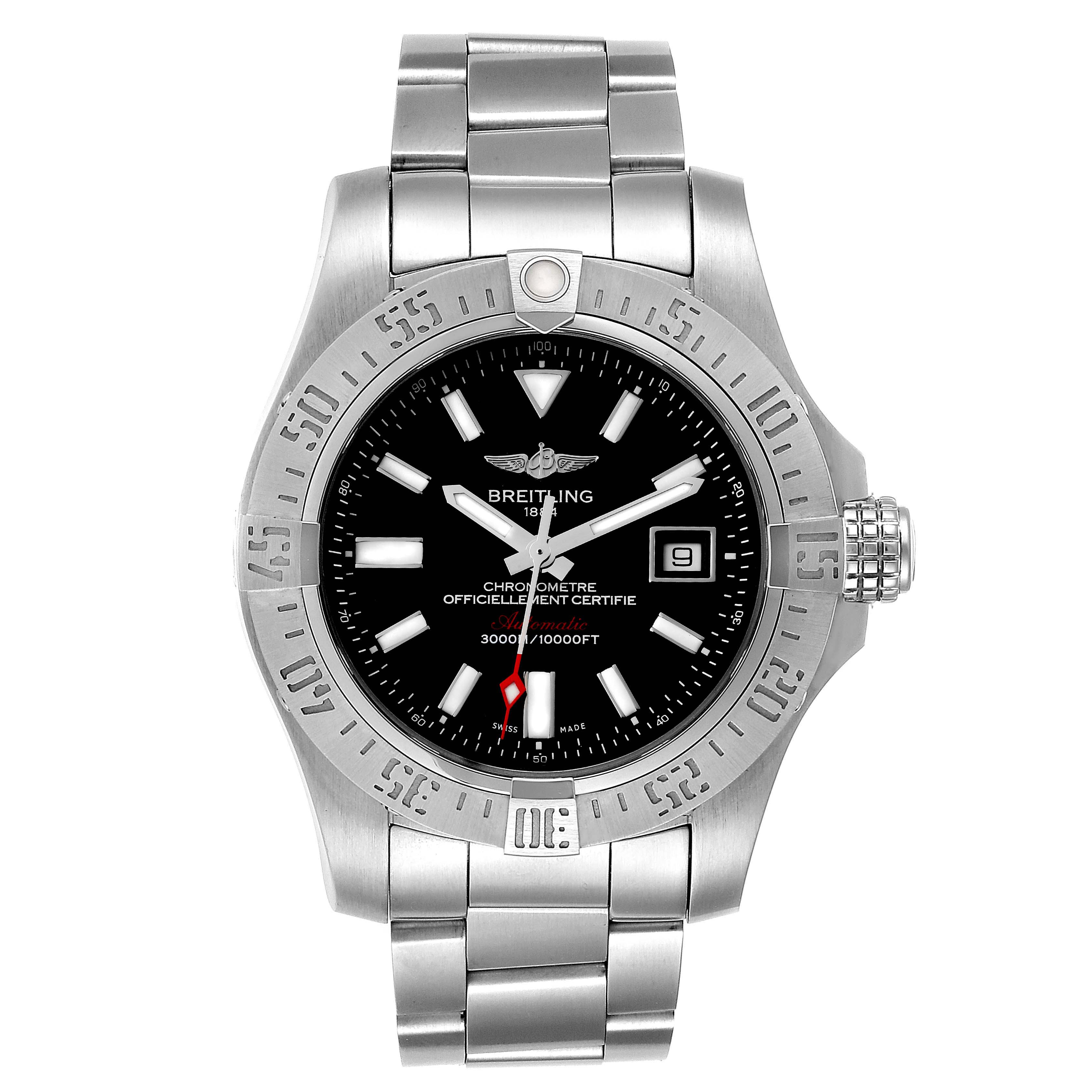 The image shows a frontal view of a Breitling Avenger A17331 Men's Stainless Steel Black Dial A17331 Men's Stainless Steel Black Dial watch with a stainless steel bracelet and black dial.