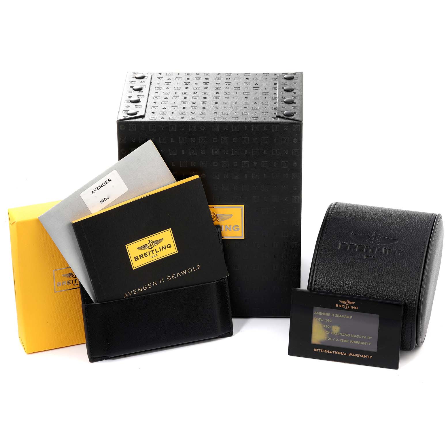 The image shows the packaging and accessories for the Breitling Avenger A17331 Men's Stainless Steel Black Dial A17331 Men's Stainless Steel Black Dial II Seawolf, including boxes, a manual, and a warranty card.