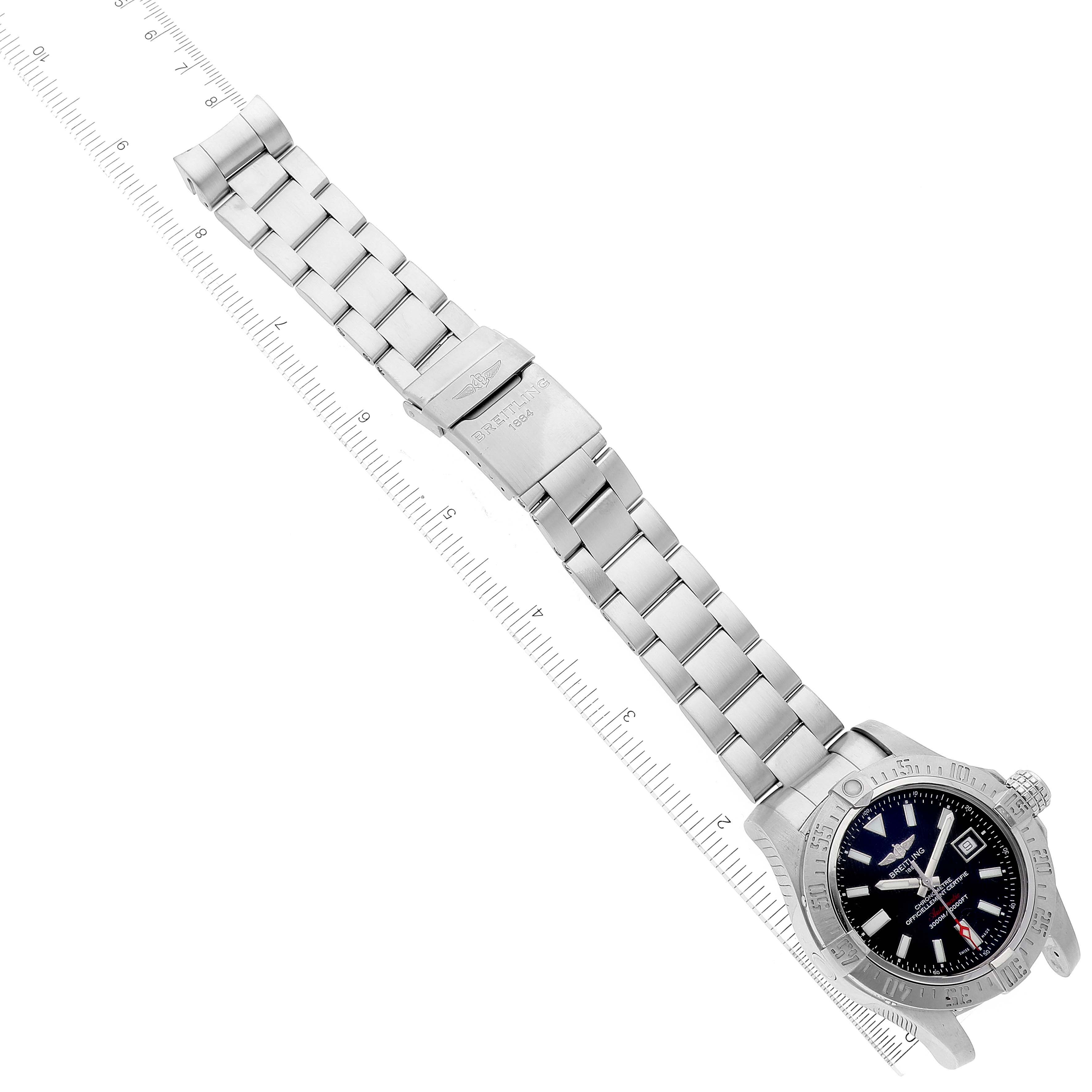 This Breitling Avenger A17331 Men's Stainless Steel Black Dial A17331 Men's Stainless Steel Black Dial watch is shown at a top-down angle, displaying the stainless steel bracelet and face.