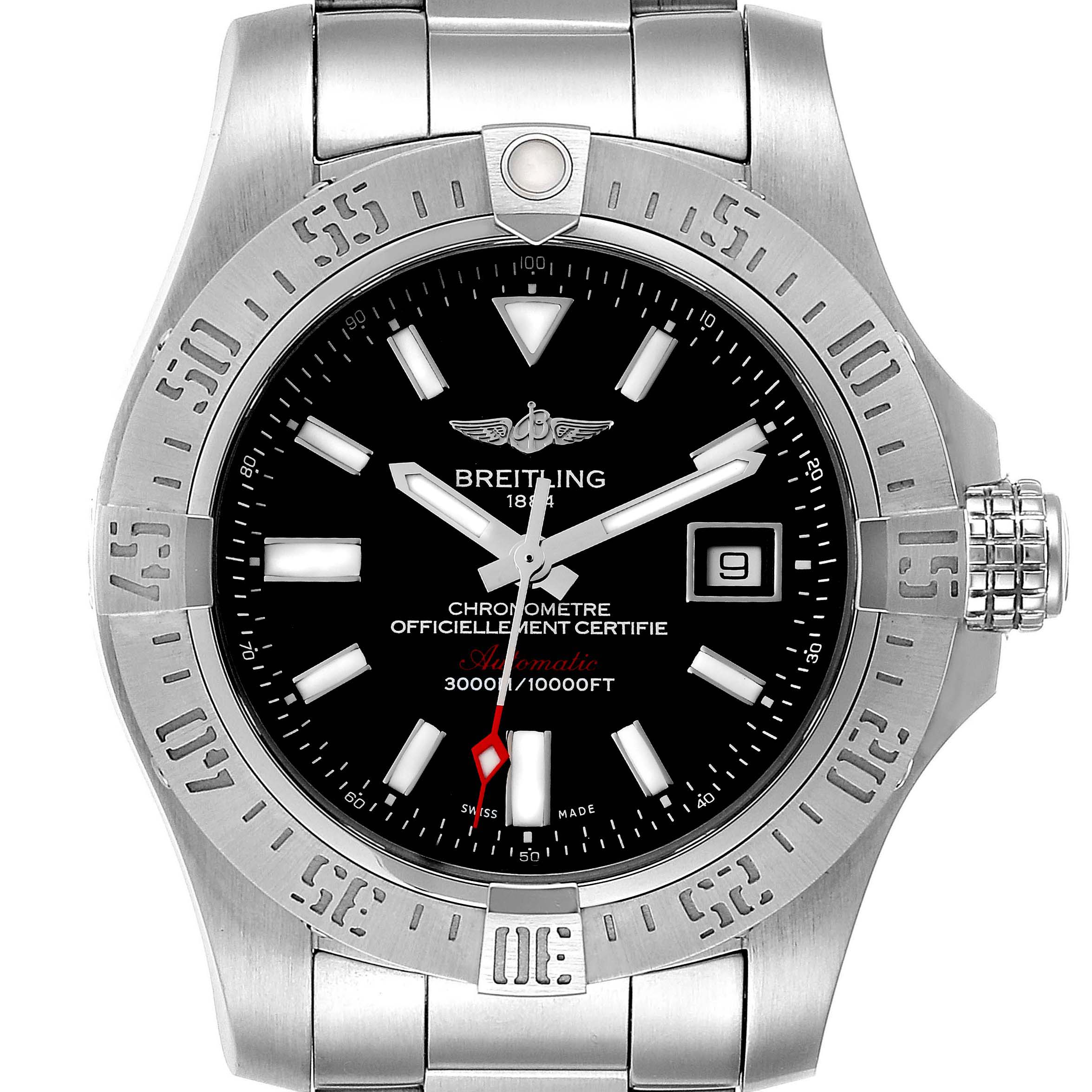 The image shows a front view of a Breitling Avenger A17331 Men's Stainless Steel Black Dial A17331 Men's Stainless Steel Black Dial watch, highlighting its dial, bezel, and part of the bracelet.