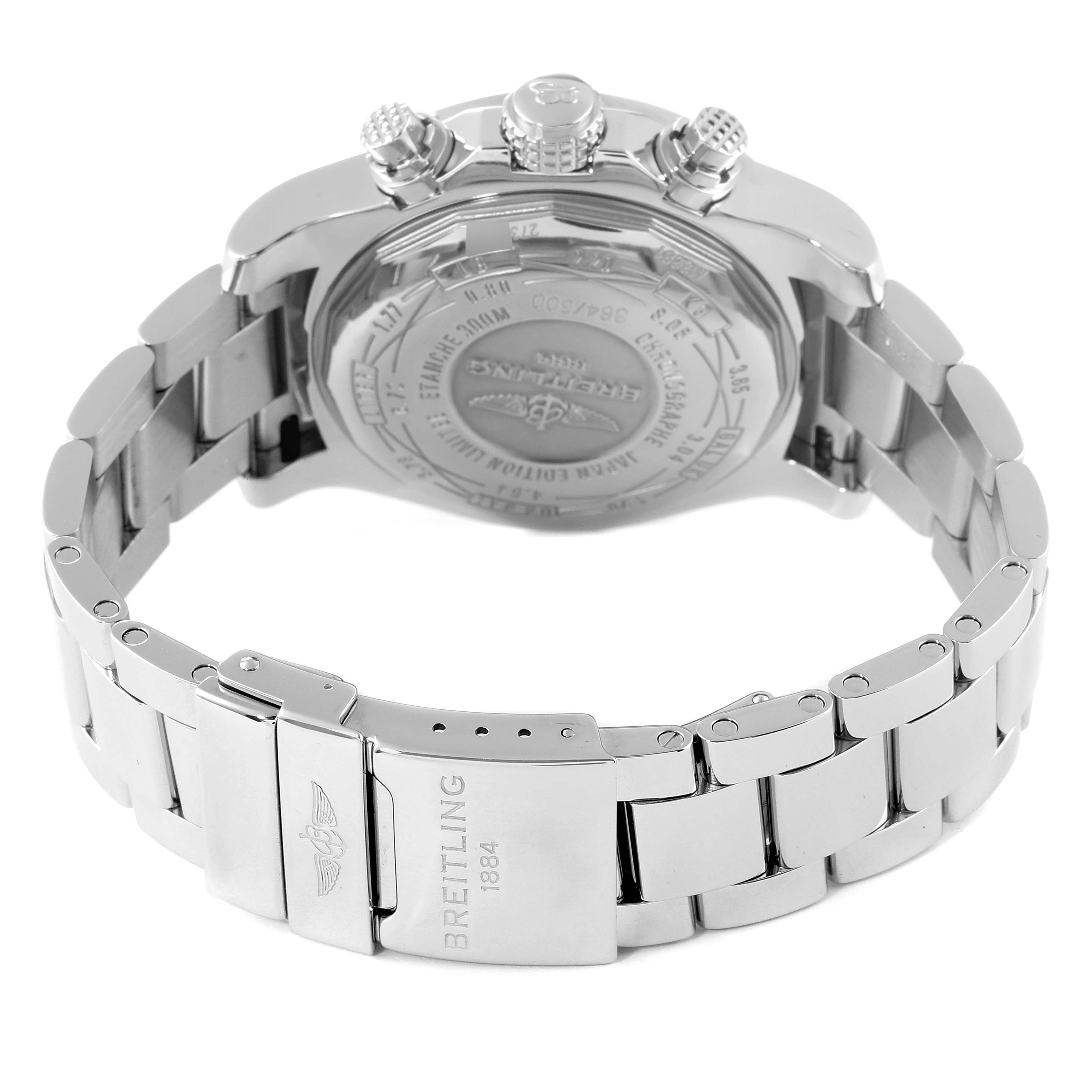 The image shows the back case and clasp of a Breitling Avenger A13381 Men's Stainless Steel White Dial A13381 Men's Stainless Steel White Dial watch from a rear angle.