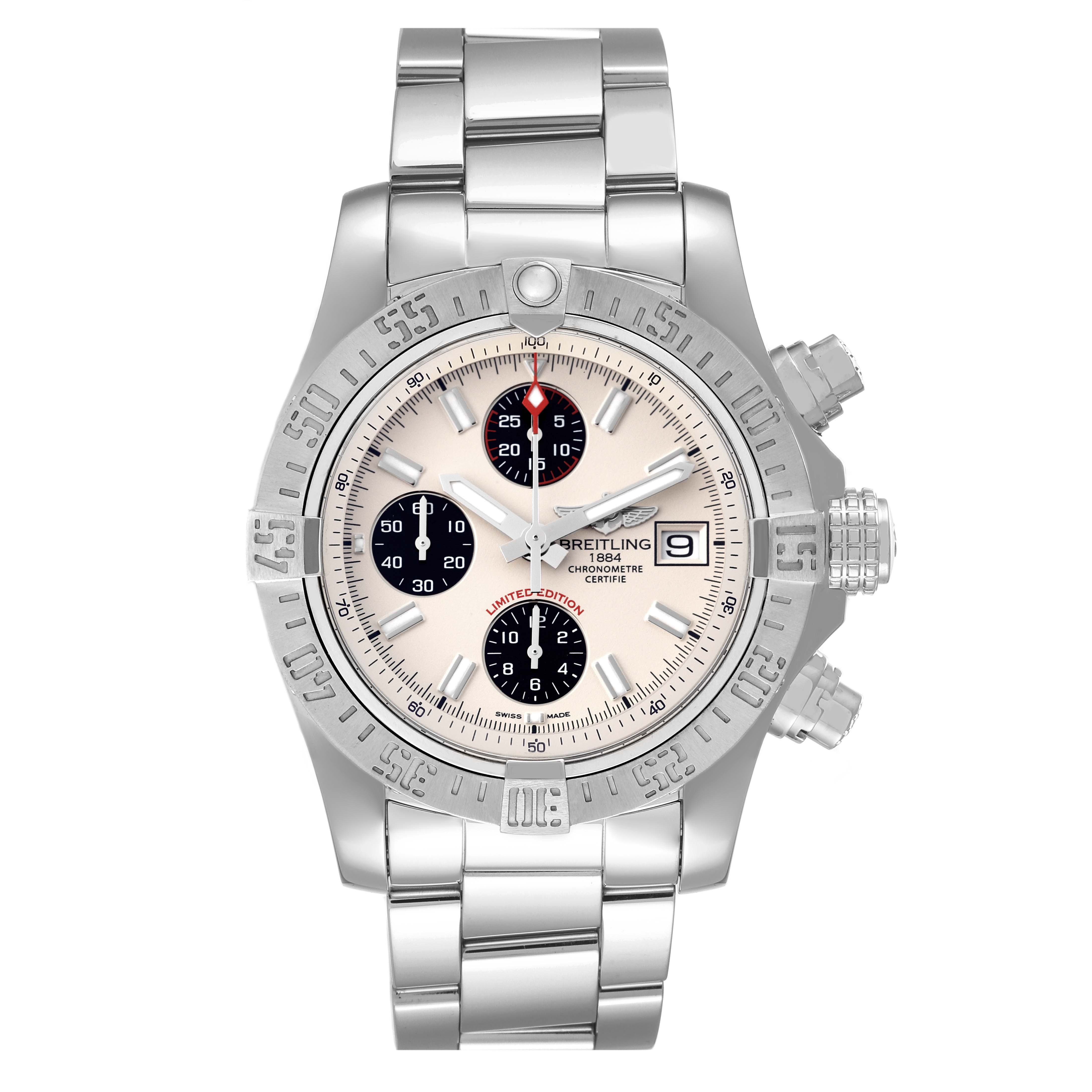 The image shows a front view of the Breitling Avenger A13381 Men's Stainless Steel White Dial A13381 Men's Stainless Steel White Dial watch displaying its dial, bezel, and bracelet.