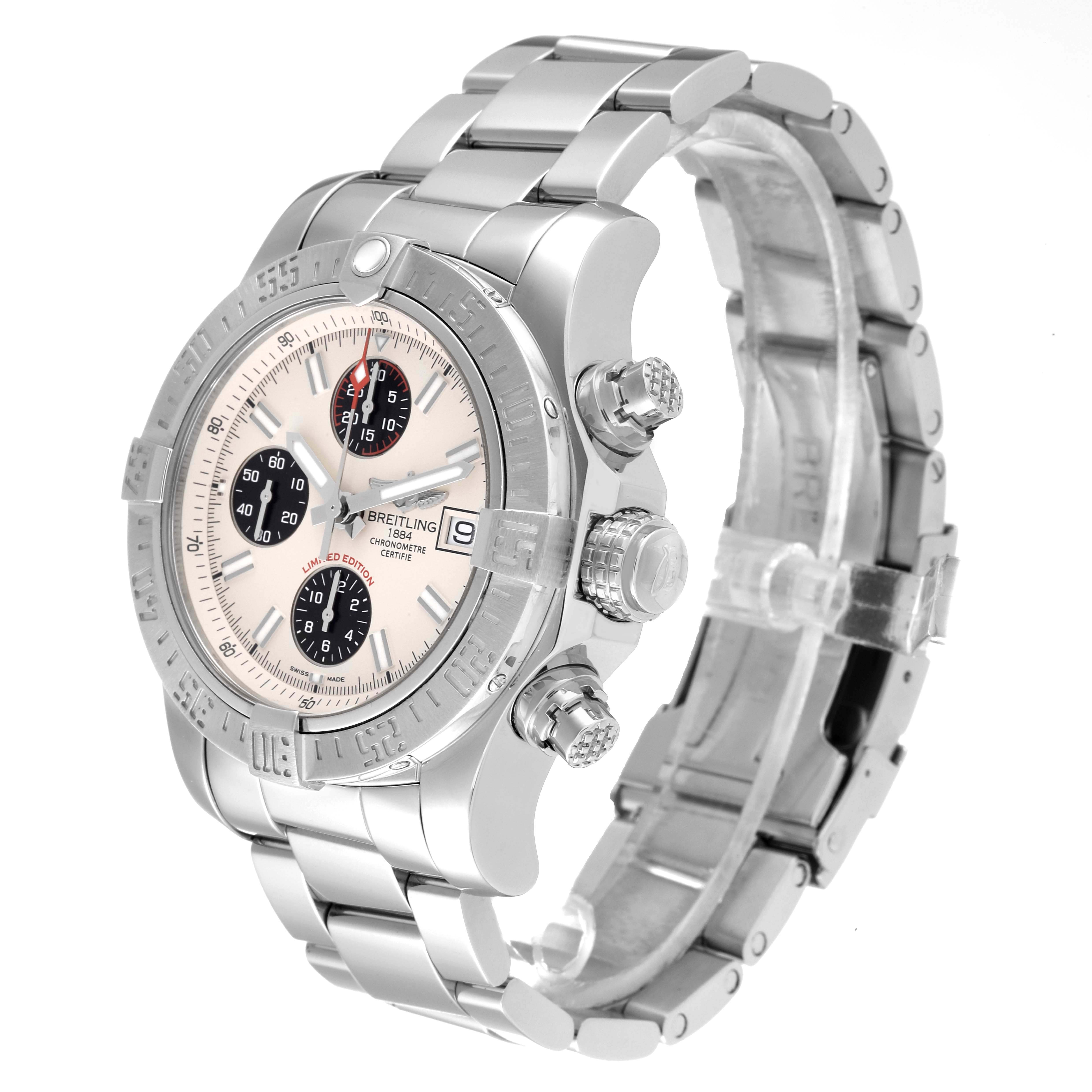 This image shows a Breitling Avenger A13381 Men's Stainless Steel White Dial A13381 Men's Stainless Steel White Dial watch at a three-quarter angle, highlighting its bezel, dial, chronograph subdials, and stainless steel bracelet.