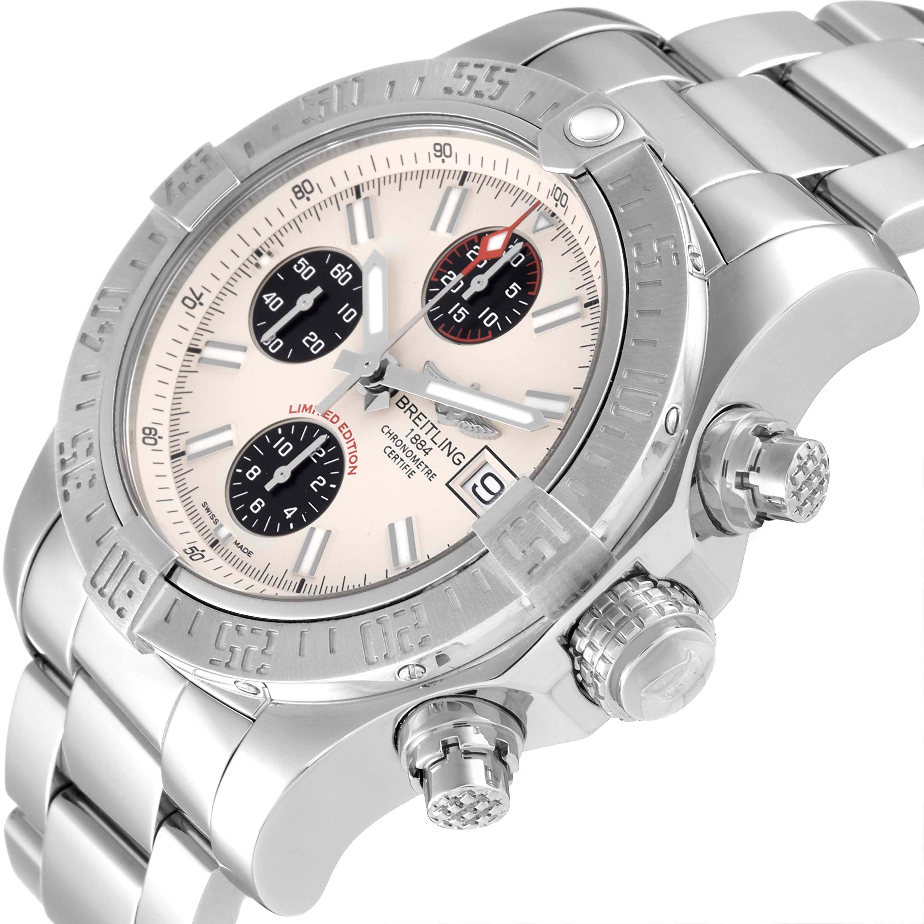 The image shows a Breitling Avenger A13381 Men's Stainless Steel White Dial A13381 Men's Stainless Steel White Dial watch at an angle, focusing on the dial, bezel, bracelet, and control buttons.