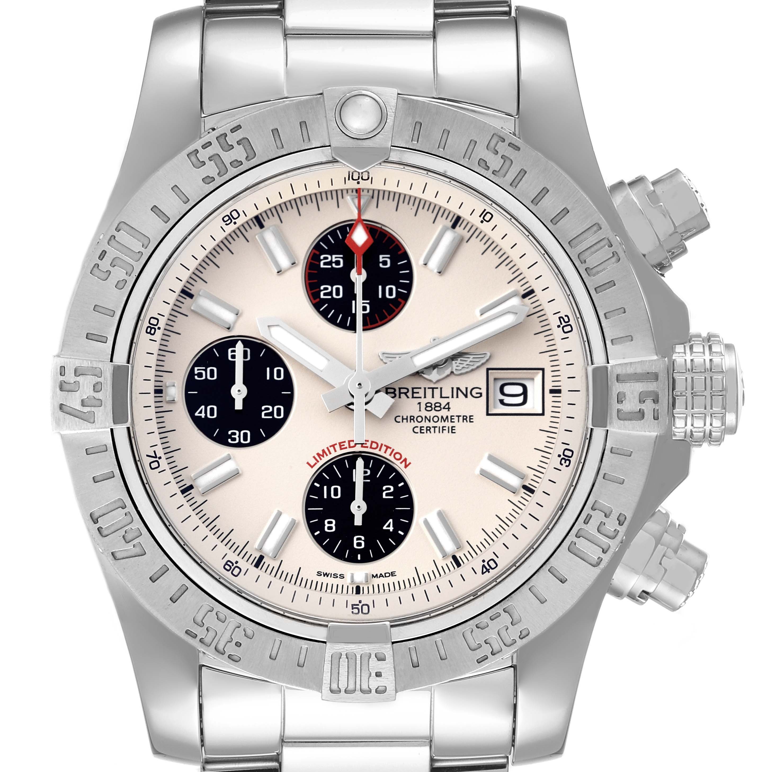 The Breitling Avenger A13381 Men's Stainless Steel White Dial A13381 Men's Stainless Steel White Dial watch is shown from the front angle, displaying the face, bezel, crown, and bracelet.