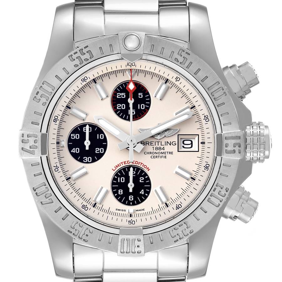 The Breitling Avenger A13381 Men's Stainless Steel White Dial A13381 Men's Stainless Steel White Dial watch is shown from the front angle, displaying the face, bezel, crown, and bracelet.