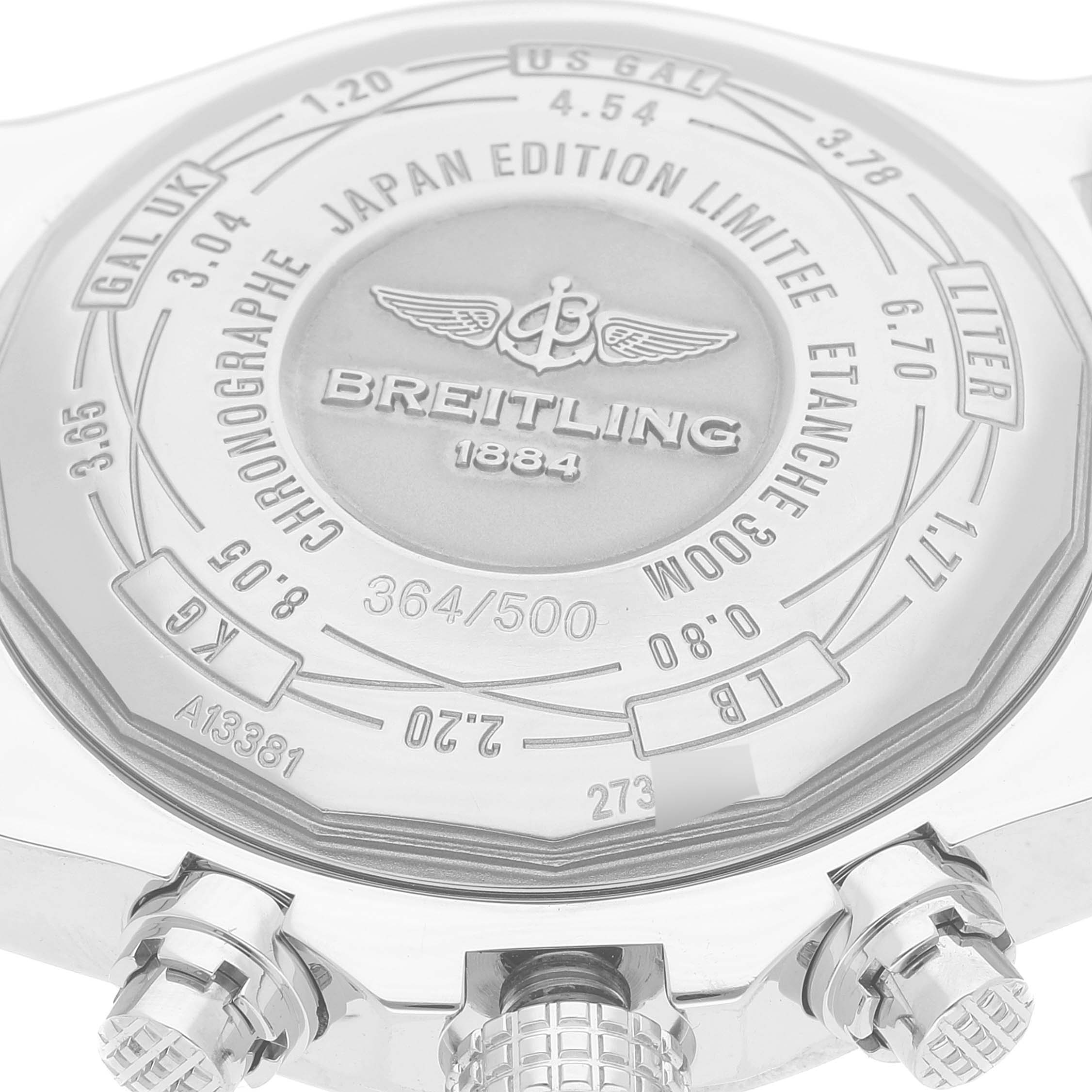 The image shows the back case and crown of a Breitling Avenger A13381 Men's Stainless Steel White Dial A13381 Men's Stainless Steel White Dial watch, highlighting its Japan Edition Limited markings.