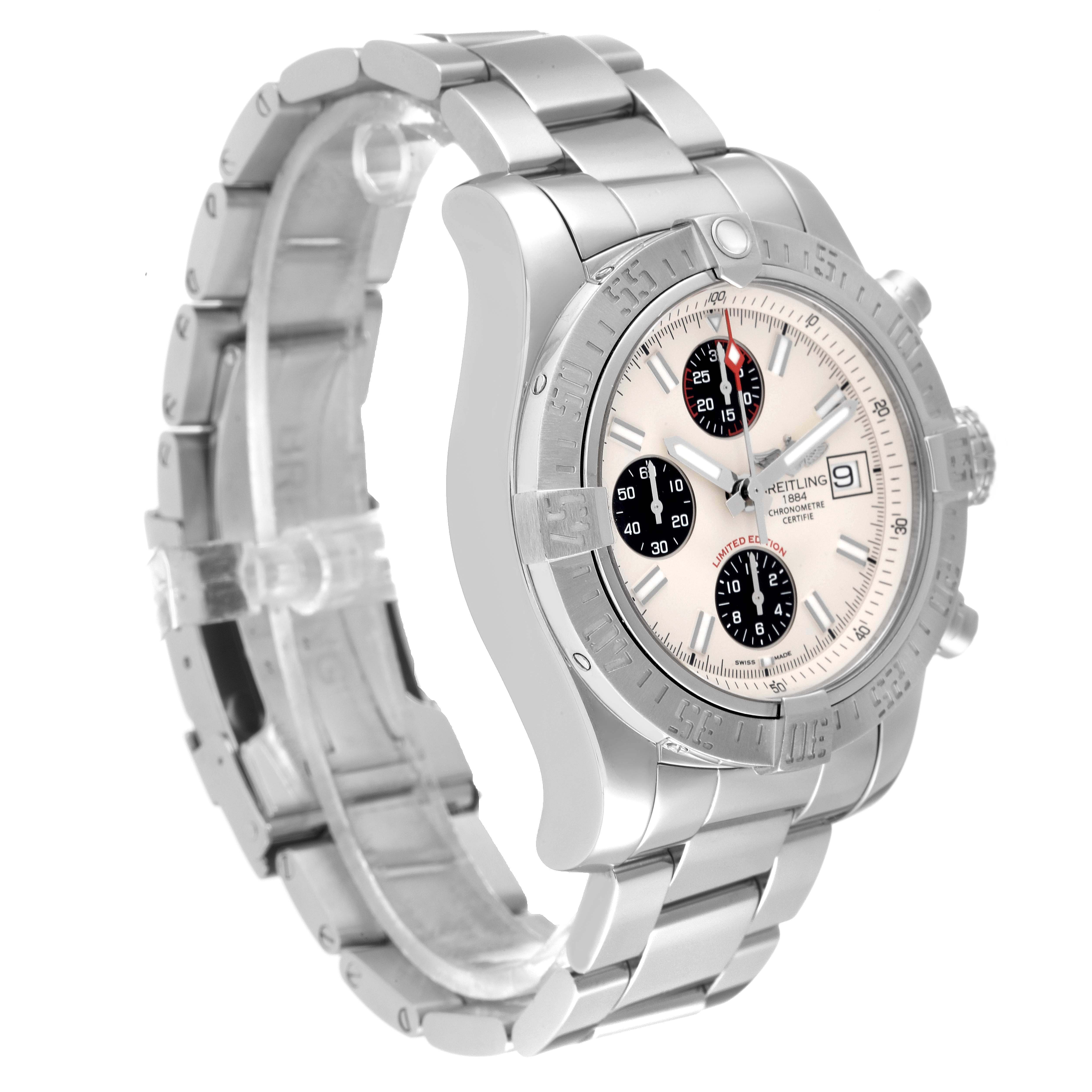 This image shows a side angled view of the Breitling Avenger A13381 Men's Stainless Steel White Dial A13381 Men's Stainless Steel White Dial watch, displaying the face, bezel, and metal bracelet.