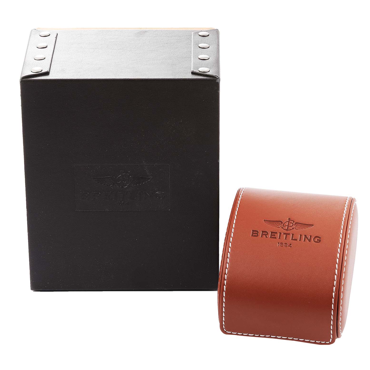 The image shows the packaging for a Breitling Avenger A13381 Men's Stainless Steel White Dial A13381 Men's Stainless Steel White Dial watch, including a black box and a brown leather case.