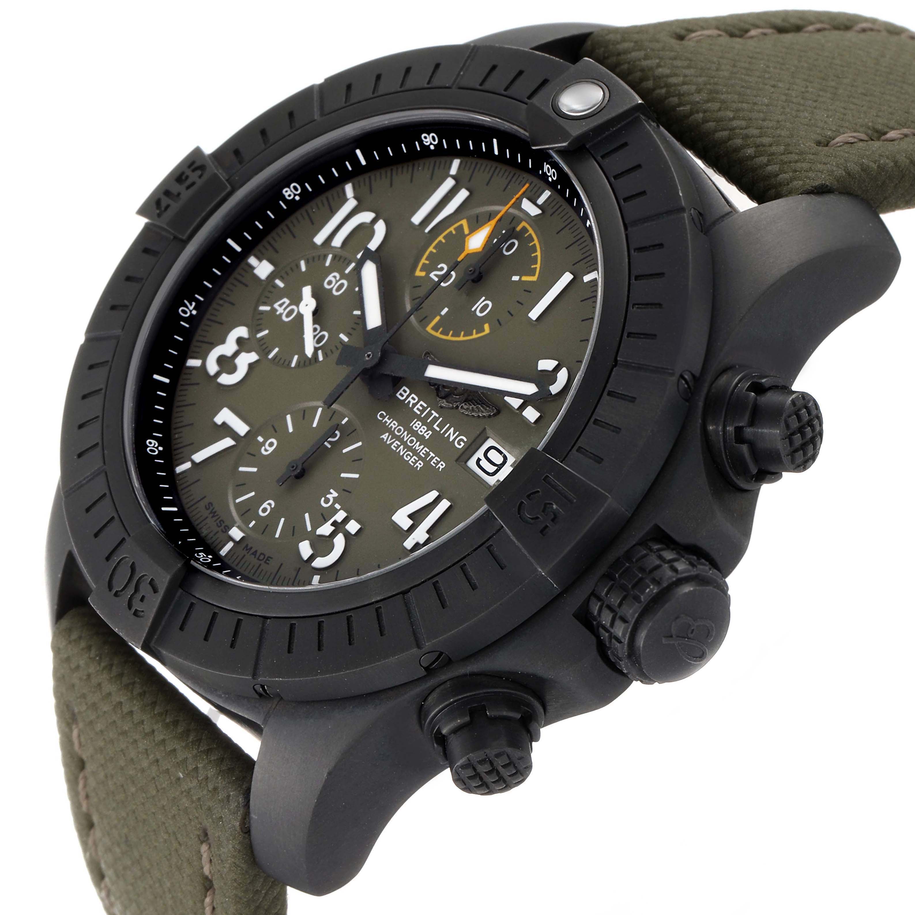 The image shows a side angle of the Breitling Avenger V13317101L1X2 Men's Titanium Green Dial V13317101L1X2 Men's Titanium Green Dial watch, highlighting the face, bezel, chronograph buttons, and part of the strap.
