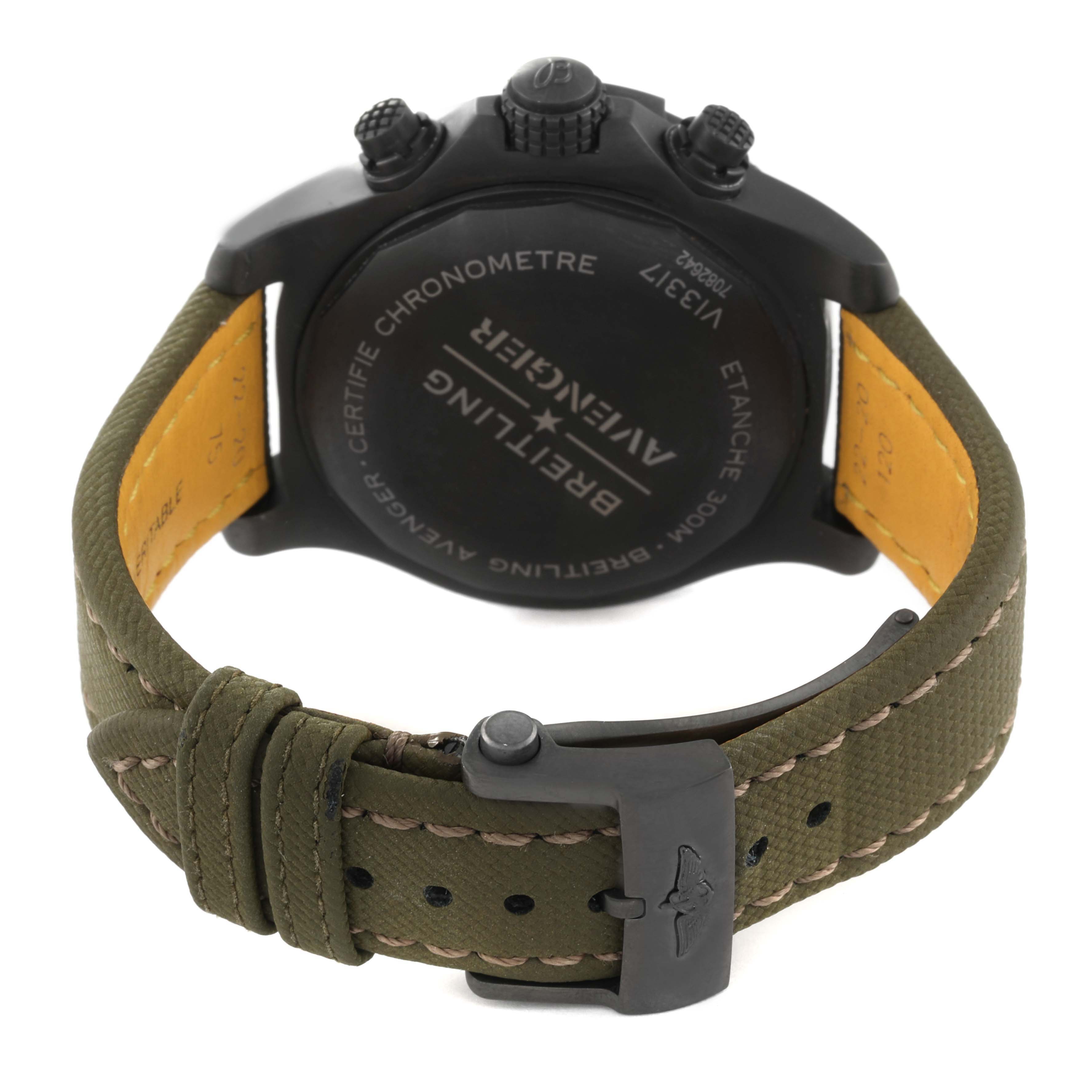 The image shows the back case and strap of a Breitling Avenger V13317101L1X2 Men's Titanium Green Dial V13317101L1X2 Men's Titanium Green Dial watch from a rear angle.