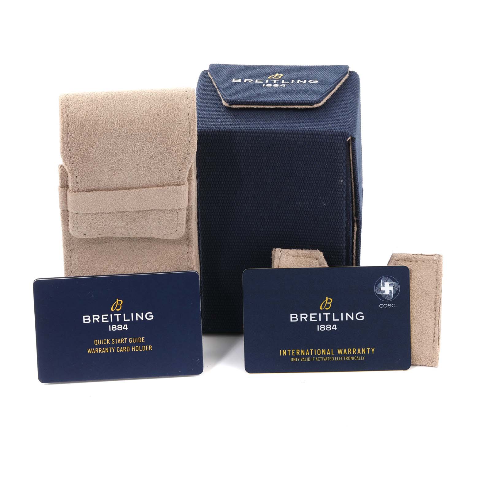 This image shows the Breitling Avenger V13317101L1X2 Men's Titanium Green Dial V13317101L1X2 Men's Titanium Green Dial watch accessories including a holder, a case, a quick start guide, and an international warranty card.