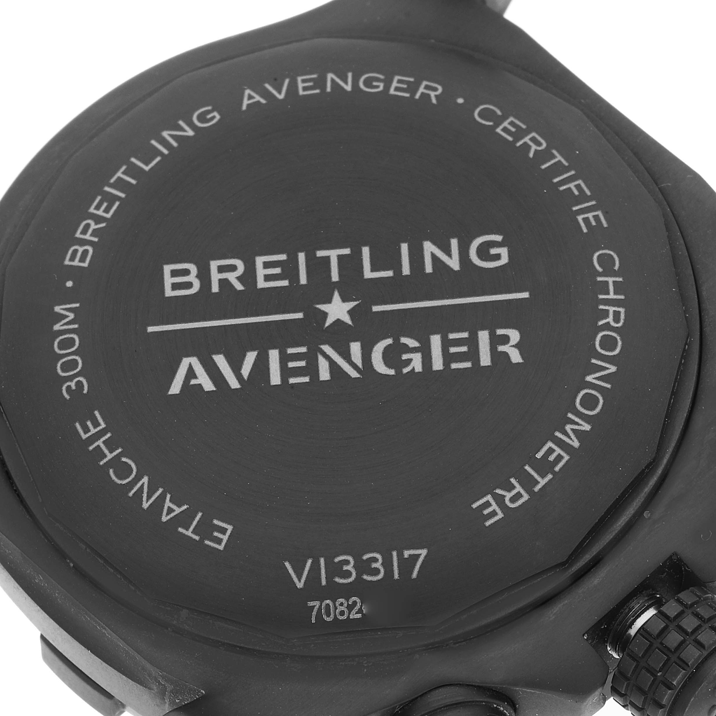 The image shows the back case of a Breitling Avenger V13317101L1X2 Men's Titanium Green Dial V13317101L1X2 Men's Titanium Green Dial watch, highlighting its engravings.