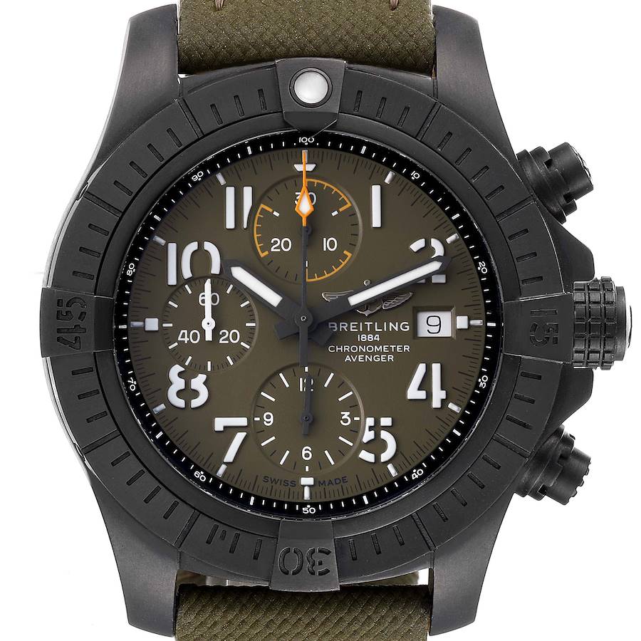 This image shows a front view of the Breitling Avenger V13317101L1X2 Men's Titanium Green Dial V13317101L1X2 Men's Titanium Green Dial watch, highlighting its dial, bezel, and chronograph subdials.