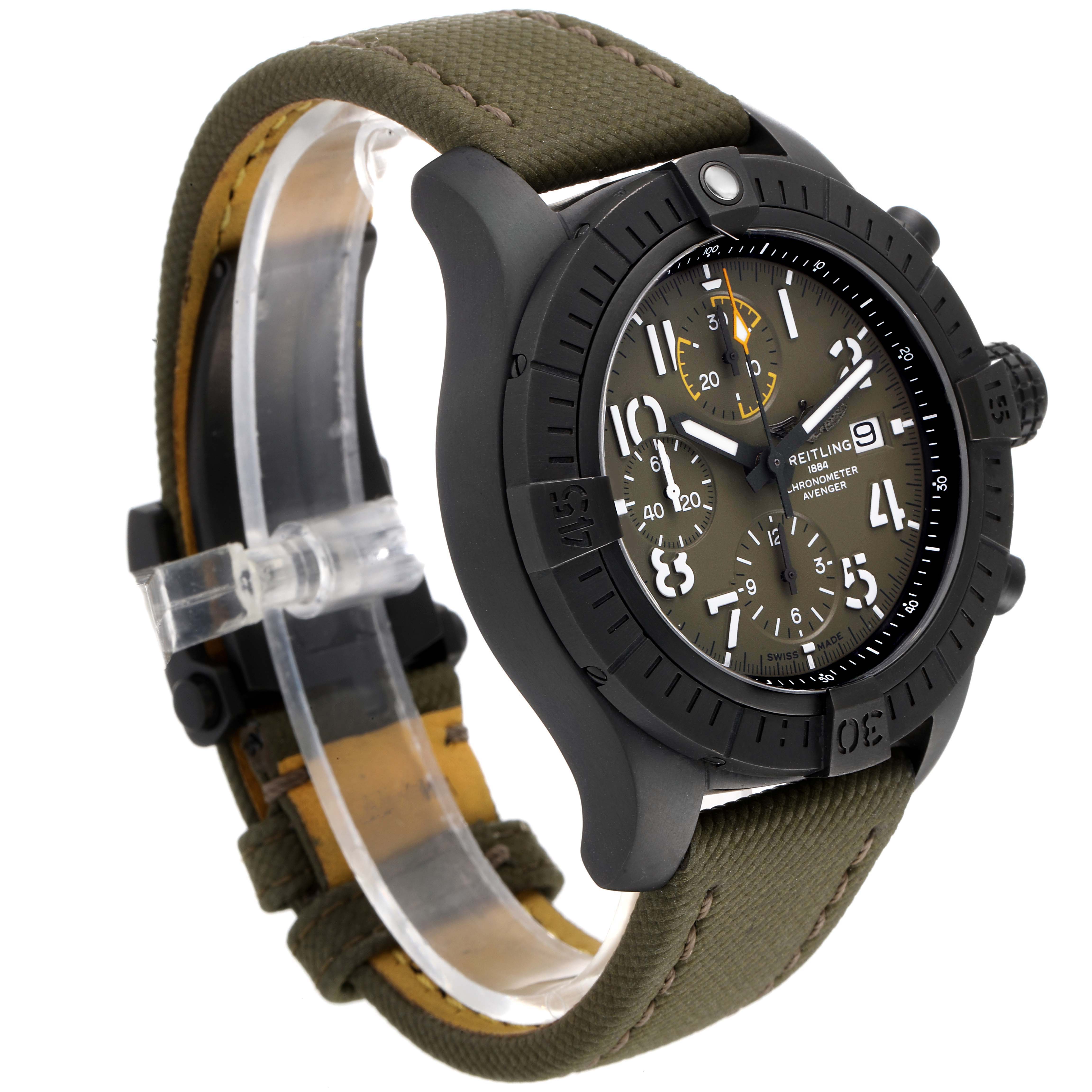 The image shows a side angle of a Breitling Avenger V13317101L1X2 Men's Titanium Green Dial V13317101L1X2 Men's Titanium Green Dial watch, displaying the dial, bezel, and olive green strap.