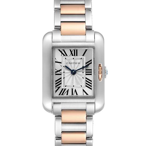 This image shows a frontal view of the Cartier Tank Anglaise W5310036 Women's Steel and Gold (two tone) Silver Dial W5310036 Women's Steel and Gold (two tone) Silver Dial watch, highlighting its face and part of its strap.