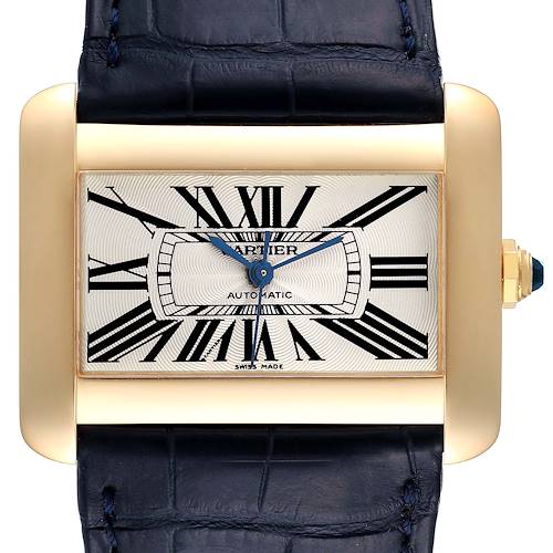The image shows a frontal view of the Cartier Tank Divan W6300856‏ Women's Yellow Gold Silver Dial W6300856‏ Women's Yellow Gold Silver Dial watch, highlighting its rectangular face and Roman numeral markers.
