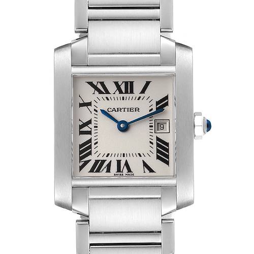 This image shows a front view of a Cartier Tank Francaise W51011Q3 Women's Stainless Steel Silver Dial W51011Q3 Women's Stainless Steel Silver Dial watch, featuring its face, bracelet, and crown.