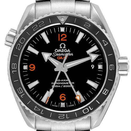 The Omega Planet Ocean 232.30.44.22.01.002 Men's Stainless Steel Black Dial 232.30.44.22.01.002 Men's Stainless Steel Black Dial watch is shown in a frontal view, highlighting its dial, bezel, hands, and part of the bracelet.