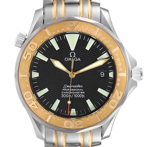 This image shows a front view of the Omega Seamaster 2455.50.00 Men's Steel and Gold (two tone) Black Dial 2455.50.00 Men's Steel and Gold (two tone) Black Dial watch including its face, bezel, and part of the bracelet.