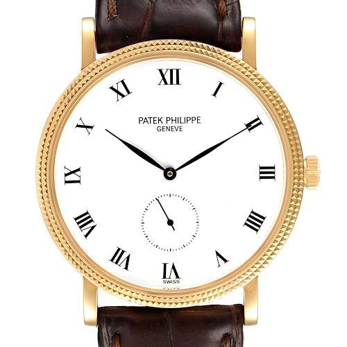 The image shows a frontal view of a Patek Philippe Calatrava 3919 Men's Yellow Gold White Dial 3919 Men's Yellow Gold White Dial watch, highlighting its white dial, gold case, and leather strap.