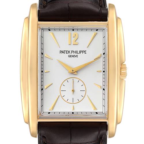 This image shows a frontal view of a Patek Philippe Gondolo 5124J Men's Yellow Gold Silver Dial 5124J Men's Yellow Gold Silver Dial watch, highlighting its rectangular gold case, dial, and leather strap.