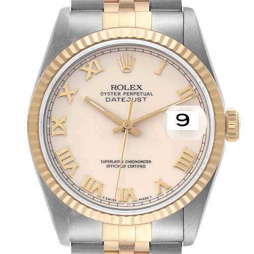 This image shows a close-up of the Rolex Datejust 16233 Men's Steel and Gold (two tone) Beige Dial 16233 Men's Steel and Gold (two tone) Beige Dial watch face, including the bezel, dial, hands, and date window.