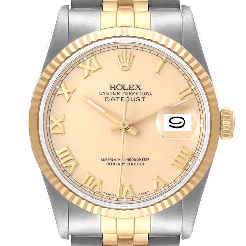 This image shows a front view of the Rolex Datejust 16233 Men's Steel and Gold (two tone) Beige Dial 16233 Men's Steel and Gold (two tone) Beige Dial watch's face, bezel, and bracelet.