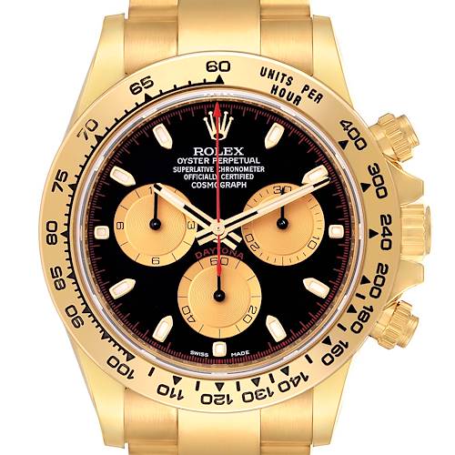 This image shows a front view of a Rolex Daytona 116508 Men's Yellow Gold Black Dial 116508 Men's Yellow Gold Black Dial watch, displaying its dial, bezel, and chronograph sub-dials.