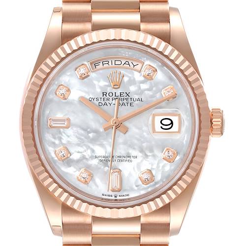 This image shows the face of the Rolex President 128235 Men's Rose Gold Mother of Pearl Dial 128235 Men's Rose Gold Mother of Pearl Dial model watch from a straight-on view.